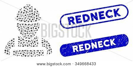 Mosaic Worker And Rubber Stamp Seals With Redneck Caption. Mosaic Vector Worker Is Created With Scat