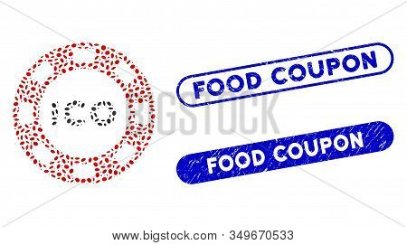 Mosaic Ico Token And Rubber Stamp Seals With Food Coupon Caption. Mosaic Vector Ico Token Is Formed 