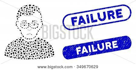 Mosaic Downer And Grunge Stamp Seals With Failure Caption. Mosaic Vector Downer Is Formed With Rando