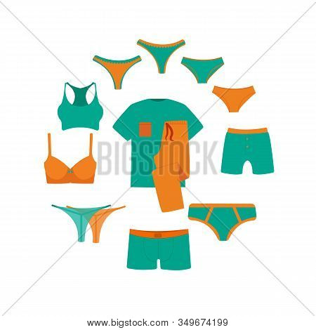 Vector Circle Banner Line Icon Underwear Set. Set Vector Hygiene Objects Clothing, Women's And Men's