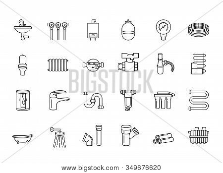 Set Of Plumbing Icons. Plumber Faucet Water Filter, Piping, Septic Bathtub Valve Water Meter Tap, Se