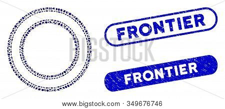 Collage Double Circle Frame And Corroded Stamp Seals With Frontier Caption. Mosaic Vector Double Cir