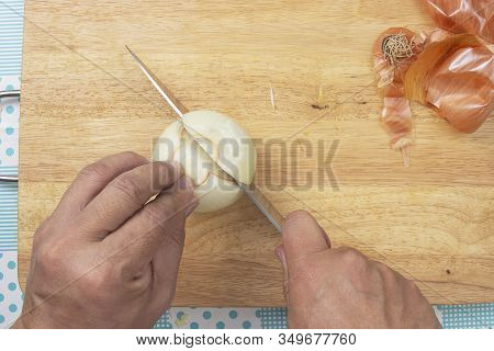 Chef Cuttng Onion Before Cooking / Cooking Coleslaw Concepted