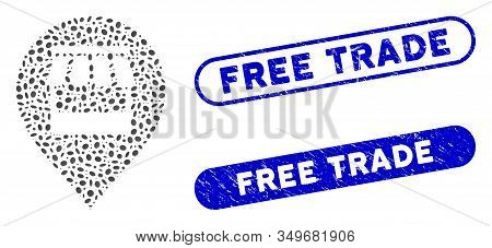 Mosaic Market Marker And Rubber Stamp Seals With Free Trade Phrase. Mosaic Vector Market Marker Is F