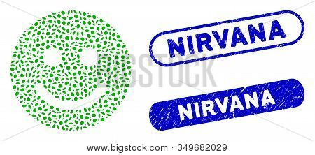 Mosaic Glad Smile And Grunge Stamp Seals With Nirvana Caption. Mosaic Vector Glad Smile Is Designed 