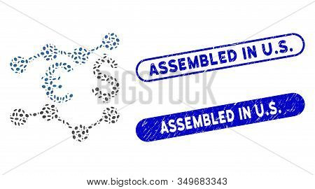 Collage Currency Charts And Distressed Stamp Seals With Assembled In U.s. Caption. Mosaic Vector Cur