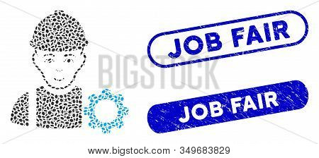 Mosaic Repairman And Distressed Stamp Seals With Job Fair Text. Mosaic Vector Repairman Is Formed Wi