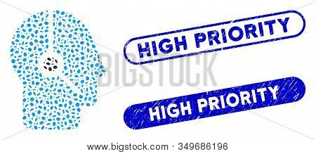 Mosaic Operator And Grunge Stamp Seals With High Priority Caption. Mosaic Vector Operator Is Created