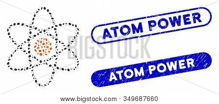 Mosaic Atom And Rubber Stamp Seals With Atom Power Caption. Mosaic Vector Atom Is Composed With Rand