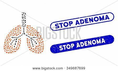 Mosaic Breathe System And Corroded Stamp Watermarks With Stop Adenoma Phrase. Mosaic Vector Breathe 