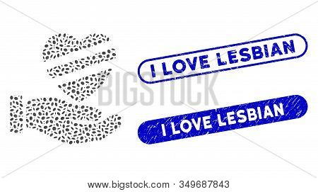 Mosaic Sick Heart Care Hand And Grunge Stamp Seals With I Love Lesbian Text. Mosaic Vector Sick Hear