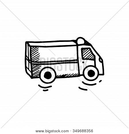 Ambulance Or Truck In Hand Drawn Doodle Style Isolated On White Background. Vector Stock Outline Ill
