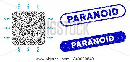 Mosaic Neural Processor And Grunge Stamp Seals With Paranoid Phrase. Mosaic Vector Neural Processor 