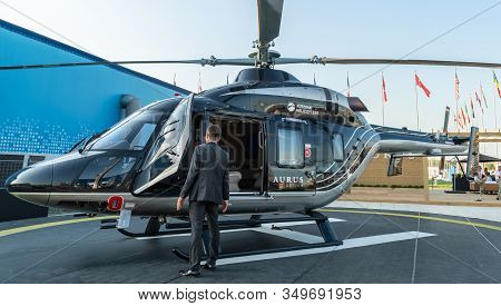 August 30, 2019 Zhukovsky, Russia. The Ansat Helicopter In The Aurus Design At The Maks-2019 Interna