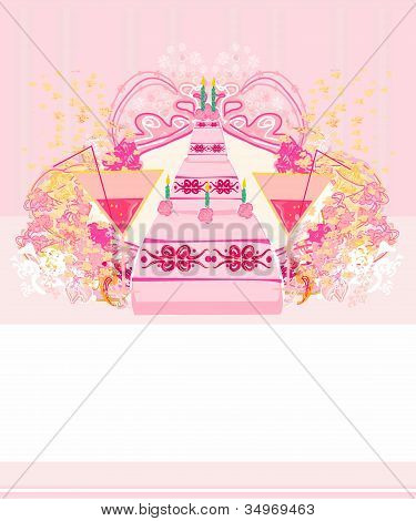 Carte d'anniversaire joyeux avec gâteau d'anniversaire, vector illustration