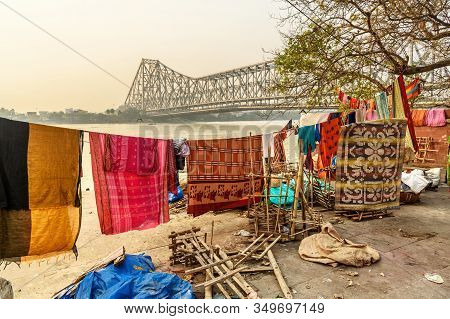 Laundry Hanging To Dry At Mallick Ghat On Hooghly Or Ganga River Bank In Kolkata. India