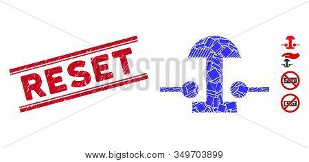 Mosaic Emergency Stop Button Icon And Red Reset Seal Stamp Between Double Parallel Lines. Flat Vecto