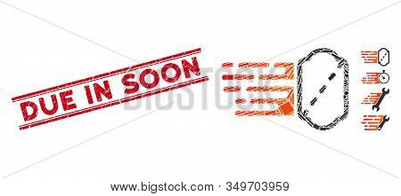 Mosaic Express Ticket Icon And Red Due In Soon Seal Between Double Parallel Lines. Flat Vector Expre