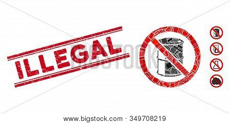 Mosaic No Barrel Pictogram And Red Illegal Seal Stamp Between Double Parallel Lines. Flat Vector No 