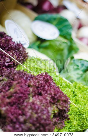 Various Fruits And Vegetables For Sale At Market Stal