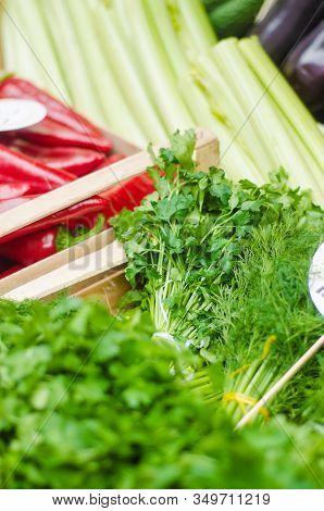 Various Fruits And Vegetables For Sale At Market Stal