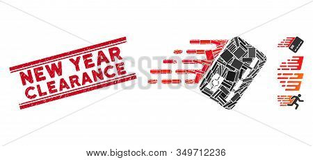 Mosaic Fast Banking Card Pictogram And Red New Year Clearance Seal Stamp Between Double Parallel Lin