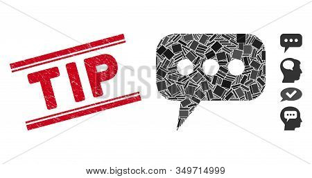 Mosaic Opinion Cloud Pictogram And Red Tip Stamp Between Double Parallel Lines. Flat Vector Opinion 