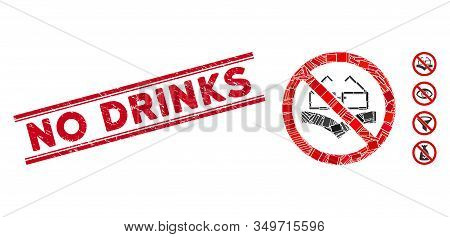 Mosaic No Reading Books Pictogram And Red No Drinks Stamp Between Double Parallel Lines. Flat Vector
