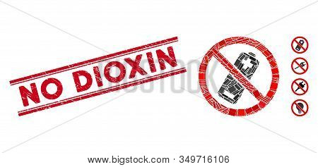 Mosaic No Battery Pictogram And Red No Dioxin Stamp Between Double Parallel Lines. Flat Vector No Ba