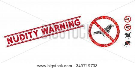 Mosaic No Crow Icon And Red Nudity Warning Seal Between Double Parallel Lines. Flat Vector No Crow M