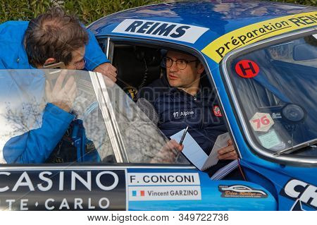 Buis-les-baronnies, France, February 1, 2020 : Drivers Of Historic Monte-carlo Rally. This 23rd Edit