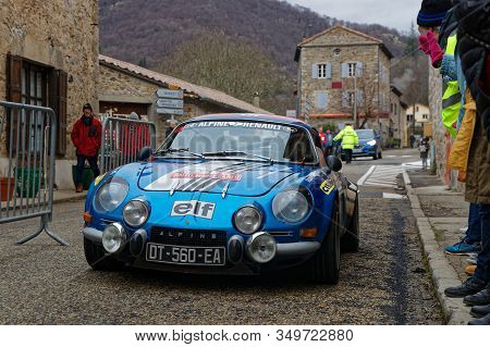 Antraigues, France, February 2, 2020 : Historic Monte-carlo Rally Runs On The Roads Of South Of Fran