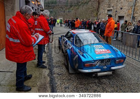 Antraigues, France, February 2, 2020 : Historic Monte-carlo Rally Runs On The Roads Of South Of Fran