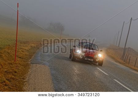 Vassieux-en-vercors, France, February 3, 2020 : Historic Monte-carlo Rally Runs On The Roads Of Sout