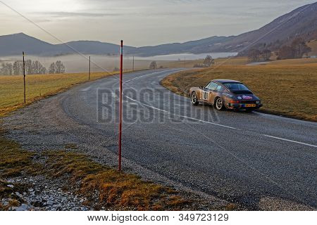 Vassieux-en-vercors, France, February 3, 2020 : Historic Monte-carlo Rally Runs On The Roads Of Sout