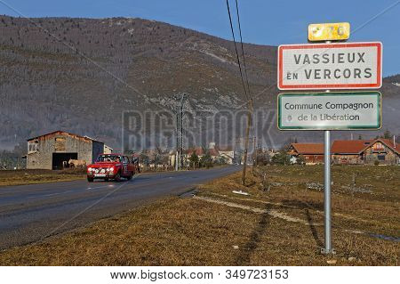 Vassieux-en-vercors, France, February 3, 2020 : Historic Monte-carlo Rally Runs On The Roads Of Sout