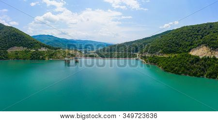 Mountains And Lake, Dam In The Mountains. Zhinvali Water Reservoir. Zhinvali Dam.