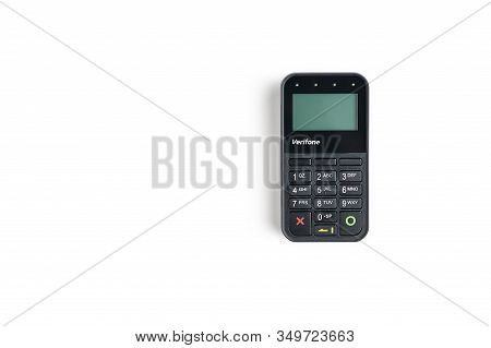 Moscow, Russia - January 5, 2020, Wireless Credit Card Payment Pin Pad Verifone Pp1000 Contactless O