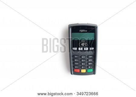 Moscow, Russia - January 5, 2020, Wireless Credit Card Payment Pin Pad Ipp 220 Contactless On A Whit