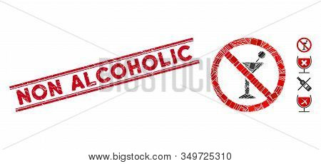 Mosaic No Cocktail Icon And Red Non Alcoholic Stamp Between Double Parallel Lines. Flat Vector No Co