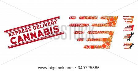 Mosaic Rush Effect Pictogram And Red Express Delivery Cannabis Rubber Print Between Double Parallel 