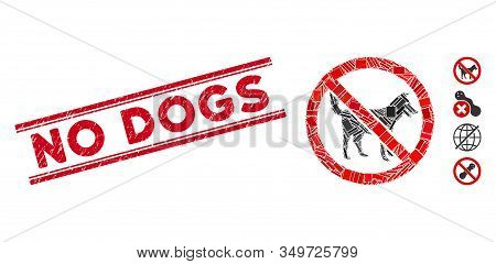 Mosaic No Dogs Icon And Red No Dogs Seal Between Double Parallel Lines. Flat Vector No Dogs Mosaic I