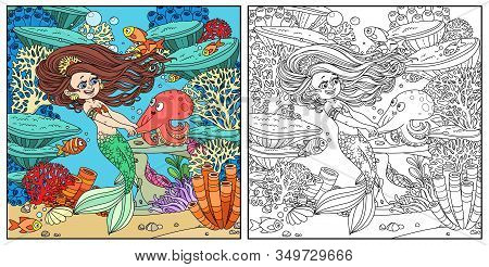 Cartoon Little Mermaid Girl Dancing With An Octopus On Underwater World With Corals,  Actinia And Fi