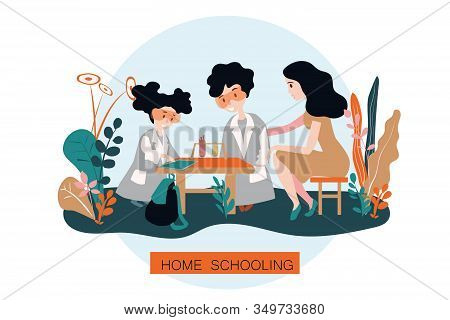 Home Schooling. Education Apps. A Boy And A Girl In White Coats And Goggles With Her Mother Study Th