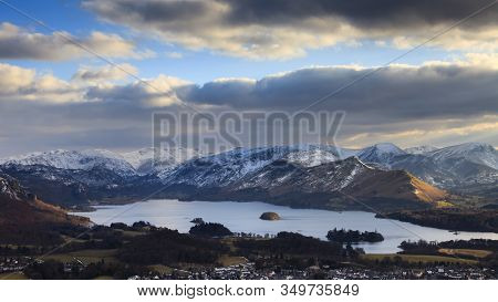 Derwentwater Winter View.  A Winter View Across Keswick And Derwentwater From Latrigg Fell In The En