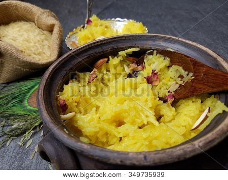 Top Down View Of Zarda Pulao Or Sweet Rice Or Meethe Chawal
