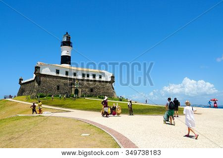 Farol Da Barra, Barra Lighthouse, In Salvador, Bahia, Brazil. The Historic Architecture Of Salvador 