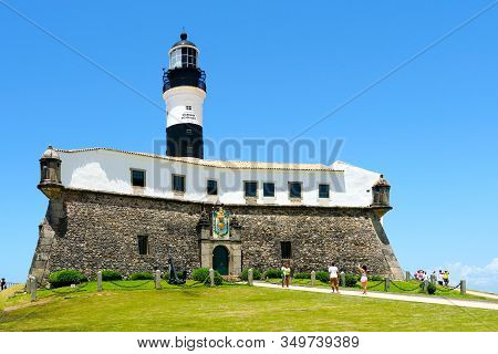 Farol Da Barra, Barra Lighthouse, In Salvador, Bahia, Brazil. The Historic Architecture Of Salvador 