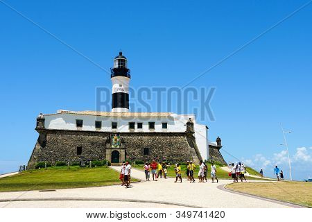 Farol Da Barra, Barra Lighthouse, In Salvador, Bahia, Brazil. The Historic Architecture Of Salvador 