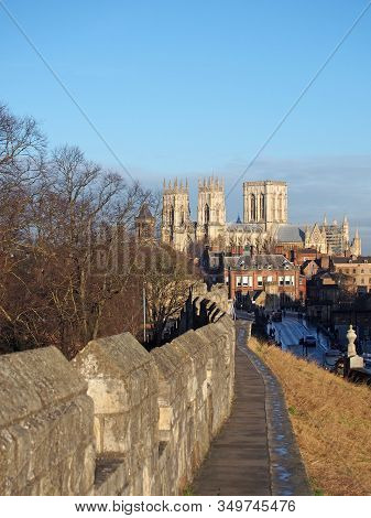 York, North Yorkshire, United Kingdom - 22 January 2020: A View Of York Minster From The City Walls 